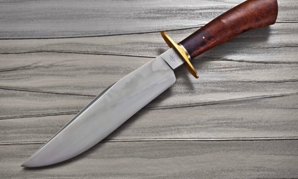 7" High Carbon Steel Bowie Knife With Brass, Silver, And Arizona Ironwood Burl, "Honey Badger"