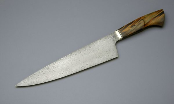 10" High Carbon Raindrop Pattern Damascus Steel Chef Knife With Nickel Silver, And Ancient Swamp Kauri