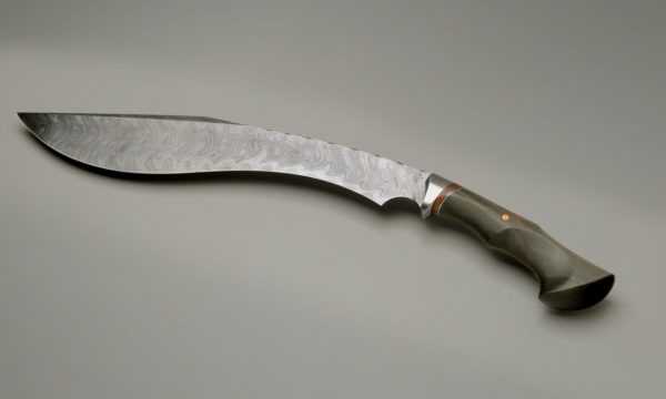 12" High Carbon Texas Wind Pattern Damascus Steel Kukri With Redwood Burl, Ancient Bog Oak, Leather, And Silver Nickel