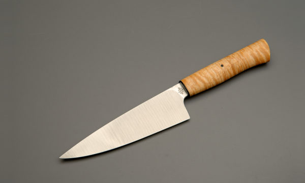 7" High Carbon Steel Chef Knife With Stabilized Curly Maple