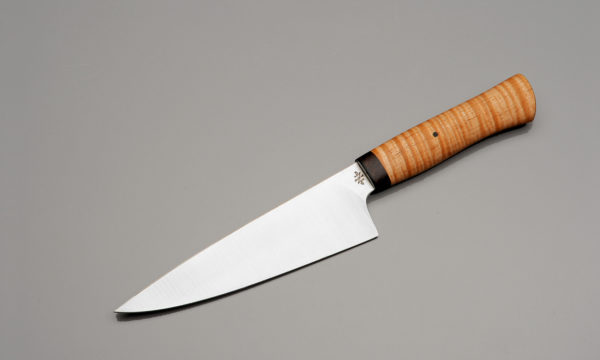 7" High Carbon Steel Chef Knife With Stabilized Curly Maple And Arizona Ironwood