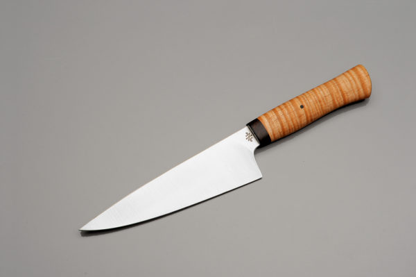 7" High Carbon Steel Chef Knife With Stabilized Curly Maple And Arizona Ironwood