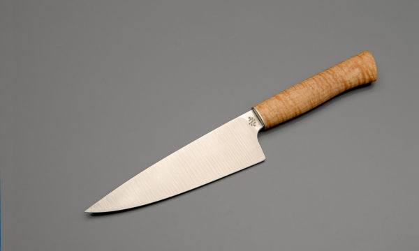 7" High Carbon Steel Chef Knife With Stabilized Curly Maple