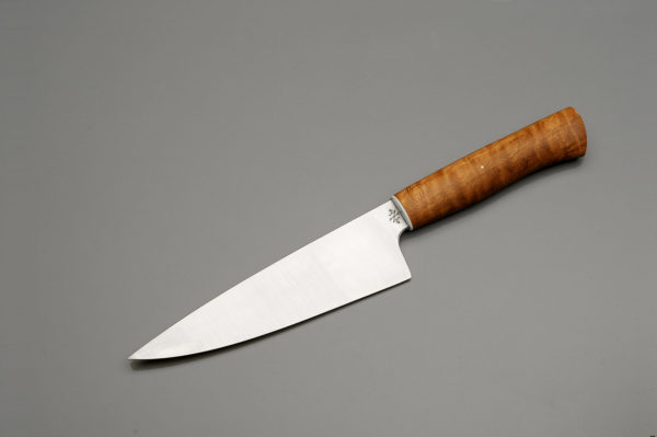 7" High Carbon Steel Chef Knife With Stabilized Curly Oak