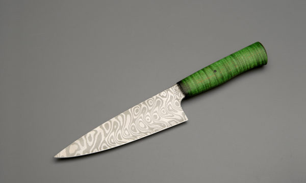 7" Texas Wind Pattern Damascus Steel Chef Knife With Green Curly Maple
