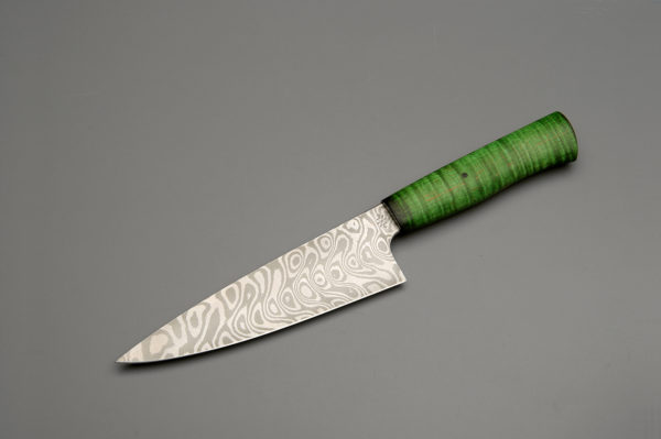 7" Texas Wind Pattern Damascus Steel Chef Knife With Green Curly Maple