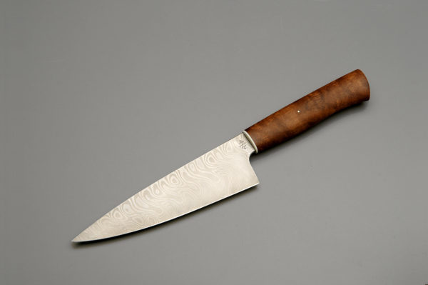 7" Texas Wind Pattern Damascus Steel Chef Knife With Stabilized Walnut