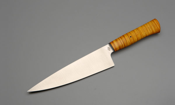 8" High Carbon Steel Chef Knife With Stabilized Curly Maple
