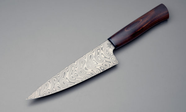 7″ Damascus steel chef knife with stabilized brown birch handle