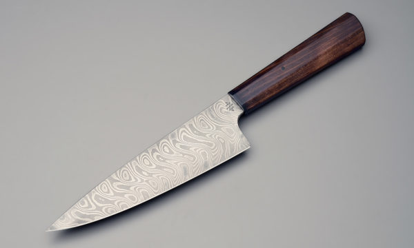 7" High Carbon Damascus Steel Chef Knife With Stabilized Brown Birch – Octagonal “Wa” Style Handle