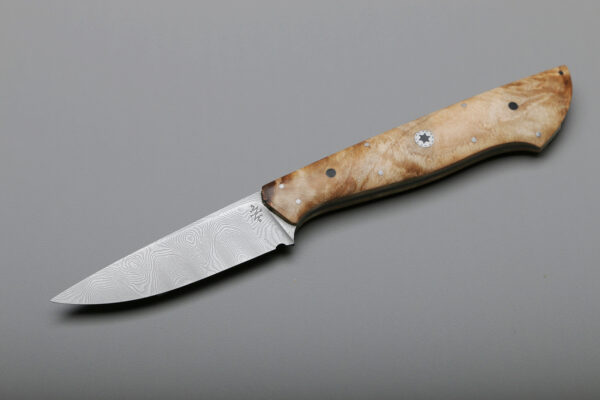 Custom Bird And Trout Damascus Blade With Rock Maple Handle